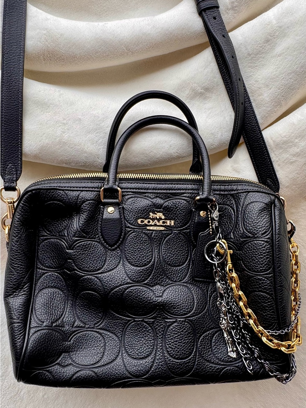 Coach Black Embossed Pebbled Leather Satchel with Mixed Metal Chains - Picture 10 of 10